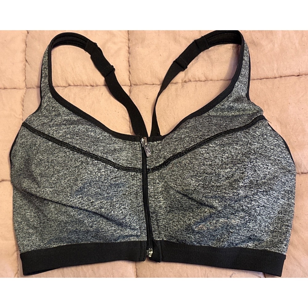 Victoria's Secret VSX Sport Gray Black Front Zip Sports Bra Racerback, Size 34DD